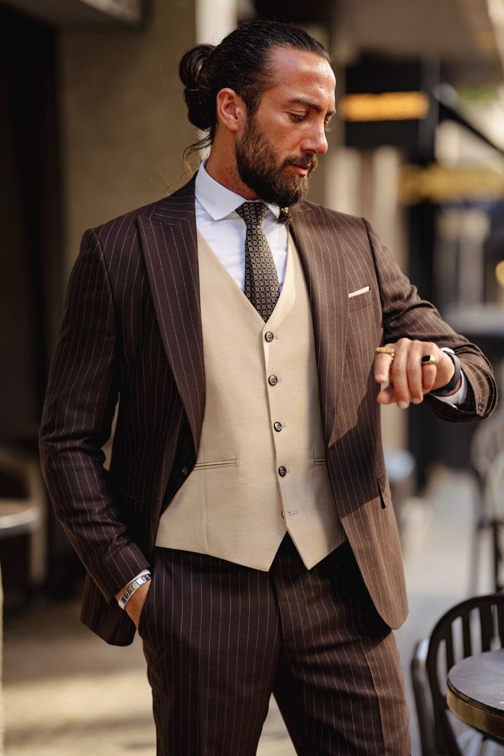 Brown pinstripe suit with beige waistcoat