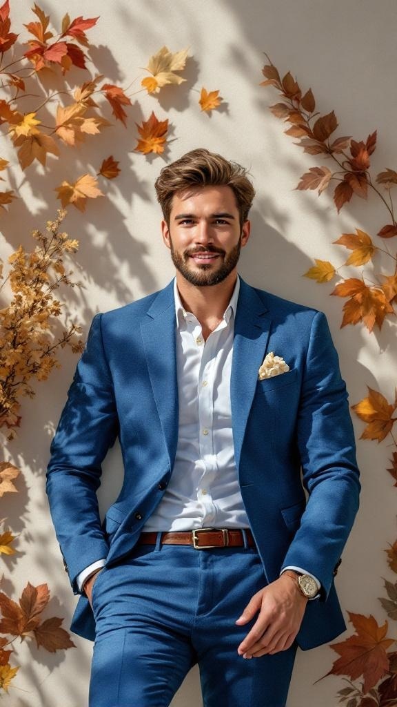 Bright blue suit with autumn leaves backdrop