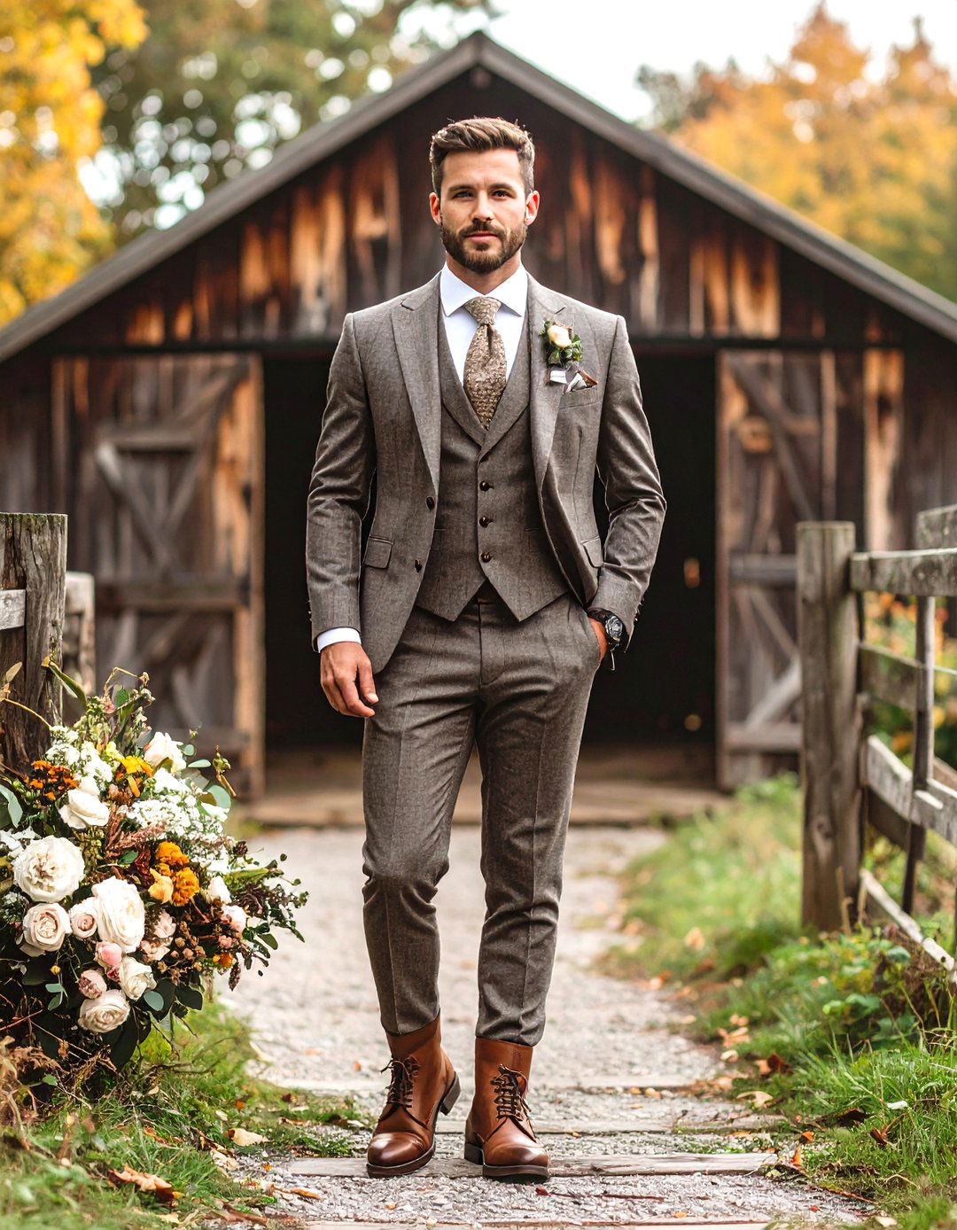 Tweed suit with country backdrop
