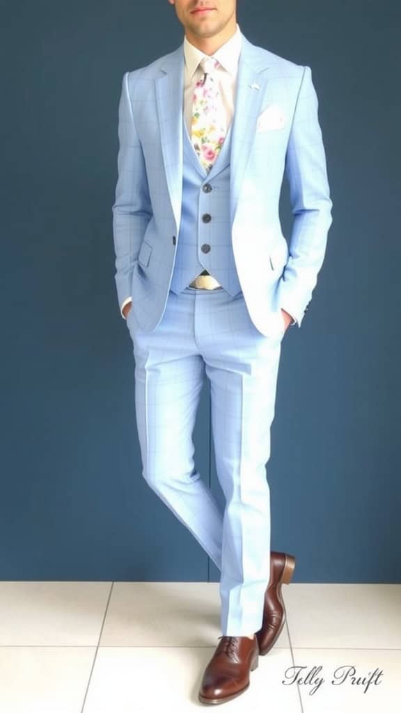 Light blue suit with floral tie