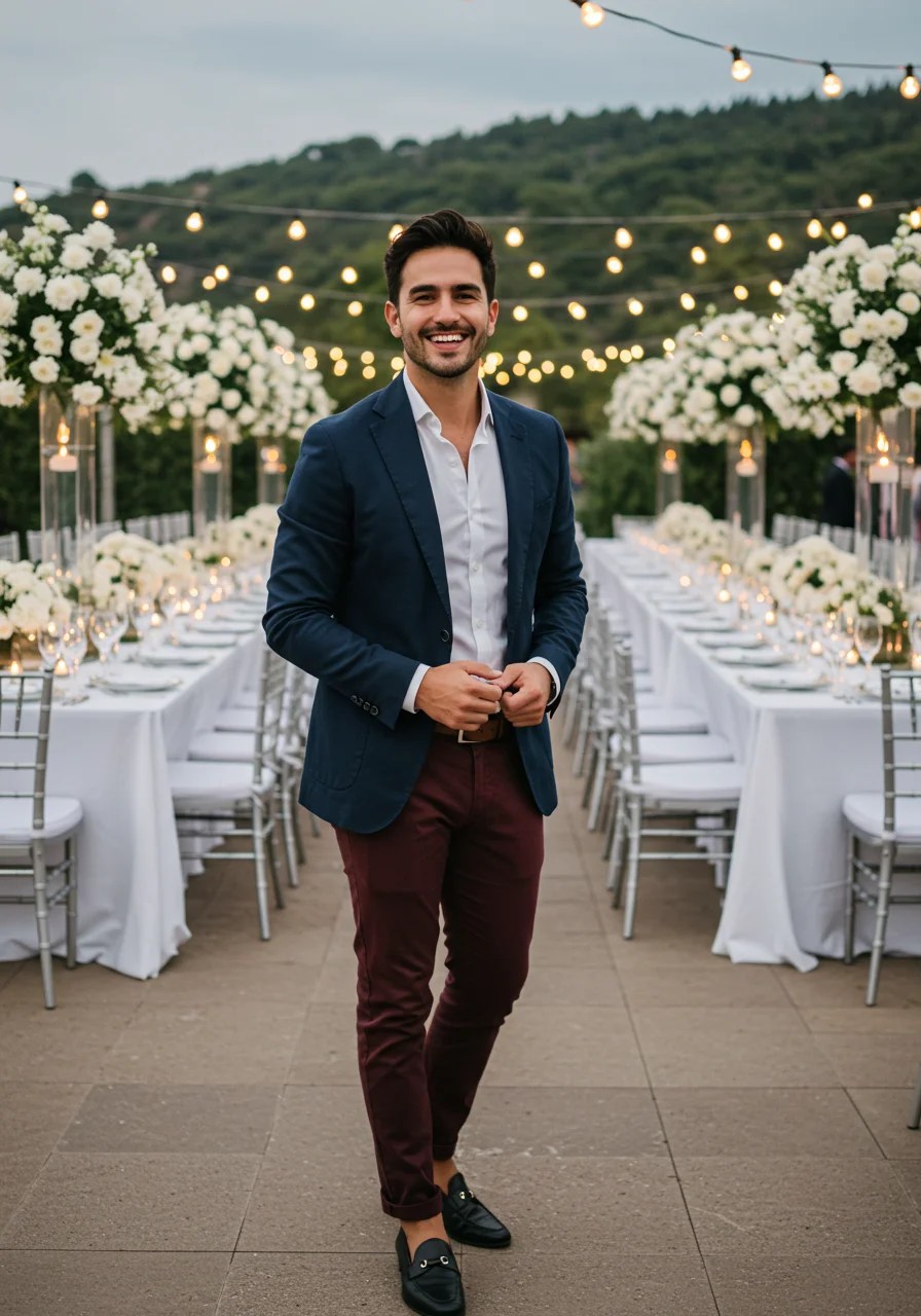Navy blazer with burgundy trousers