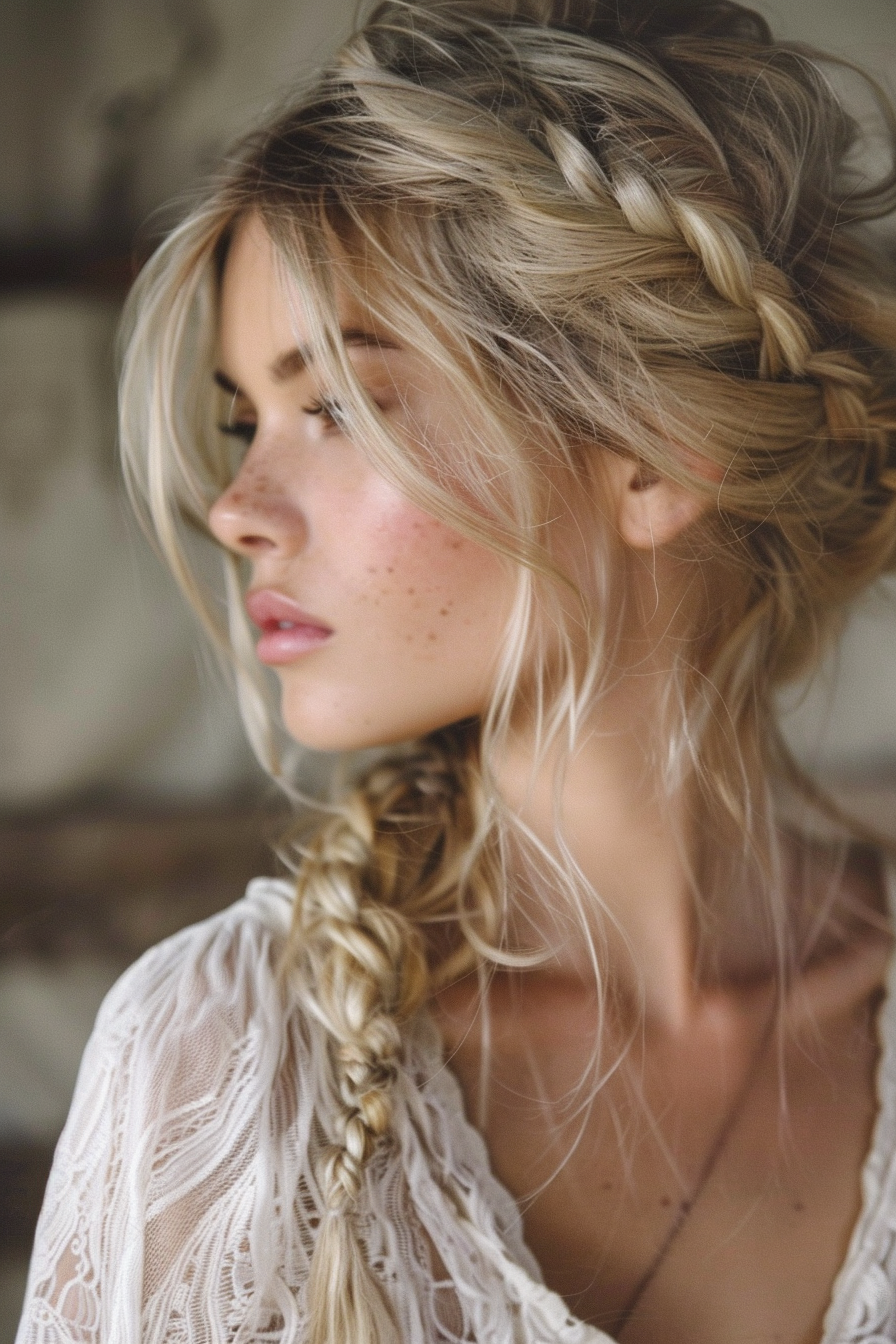 bohemian ash blonde braid with loose strands