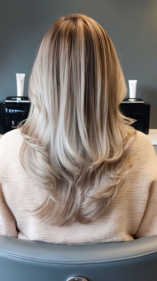 layered ash blonde glossy finish hairstyle