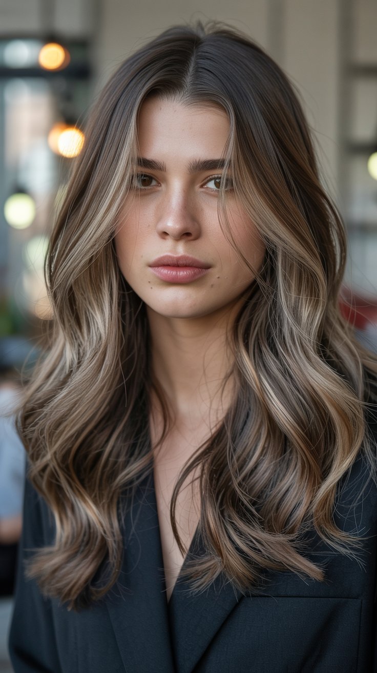 Striking ash brown highlights in layered hair