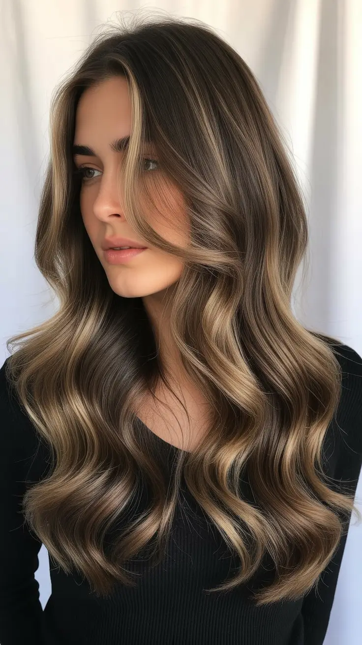 Elegant waves with ash brown balayage highlights