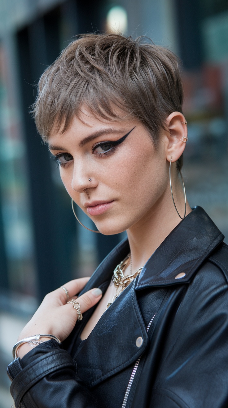 Edgy pixie cut with textured ash brown finish
