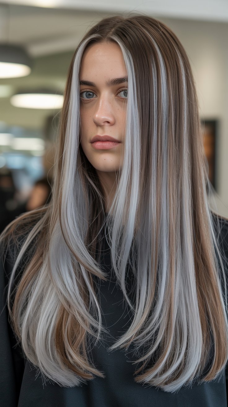 Bold contrast streaks in ash brown hair