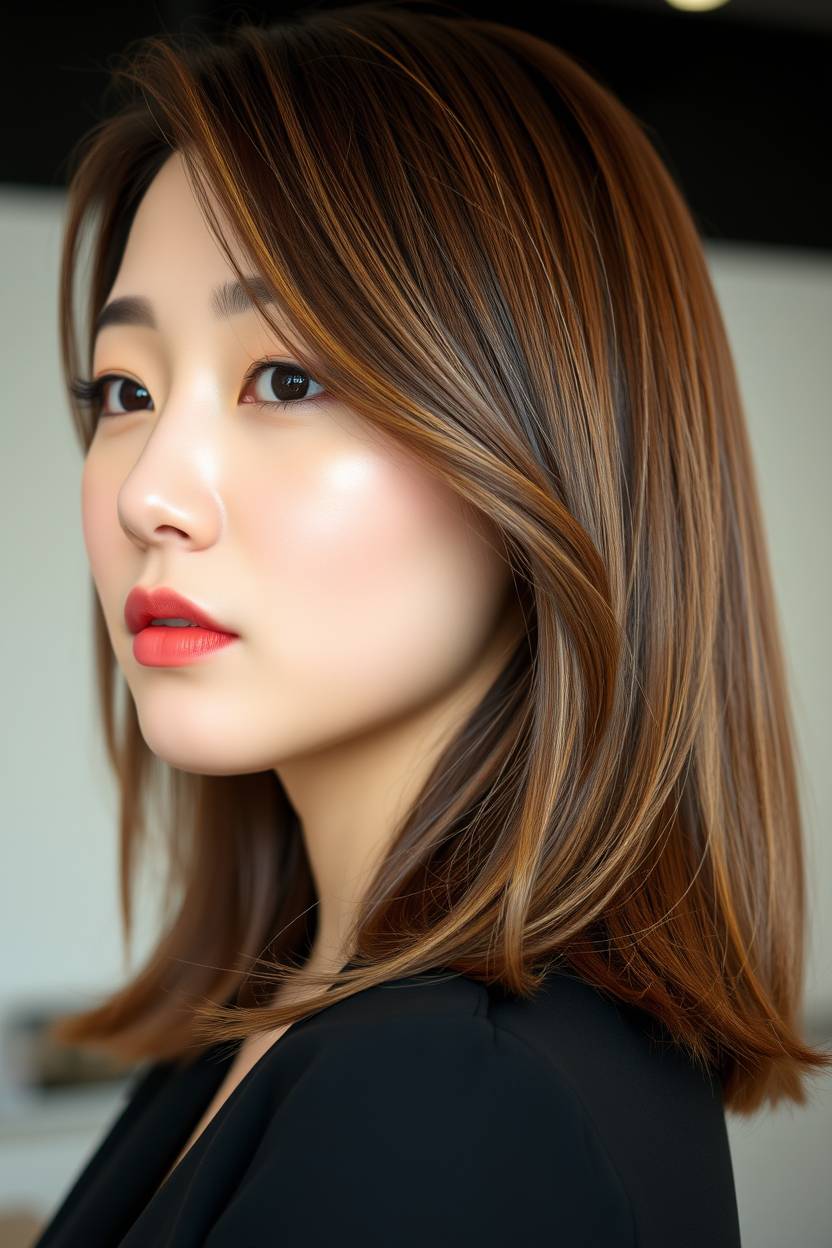 Sleek lob with subtle ash brown highlights