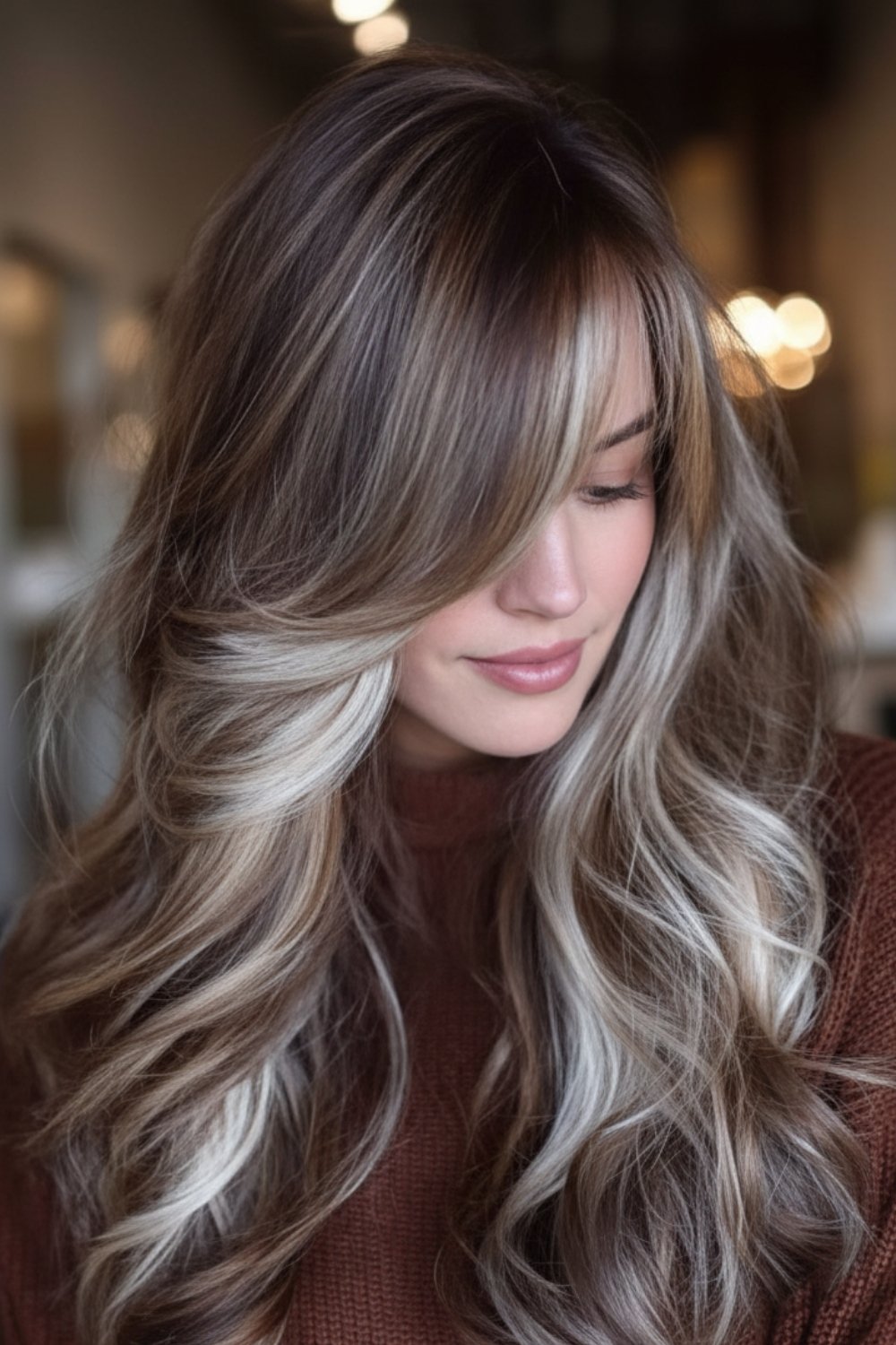 High-contrast highlights in ash brown hair