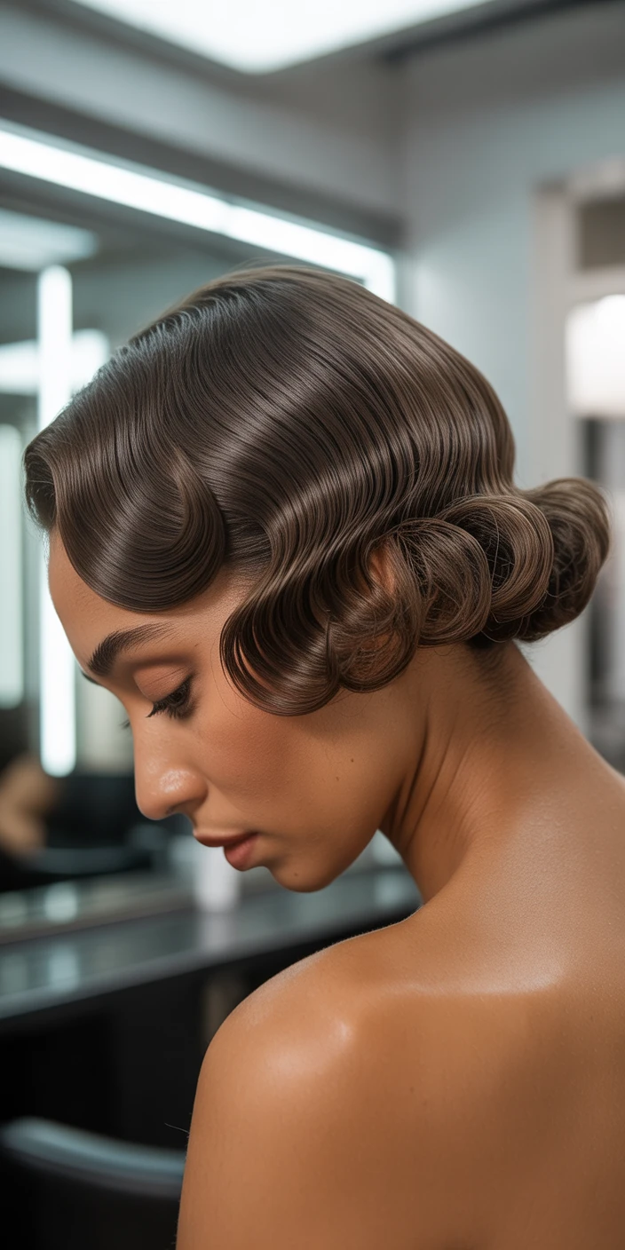 Elegant finger waves in ash brown hair