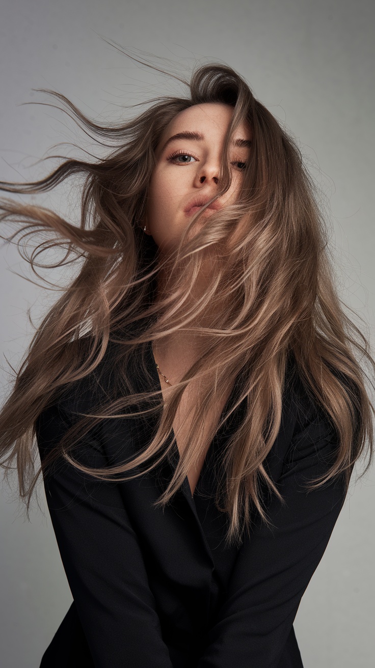Wind-swept ash brown hair with movement