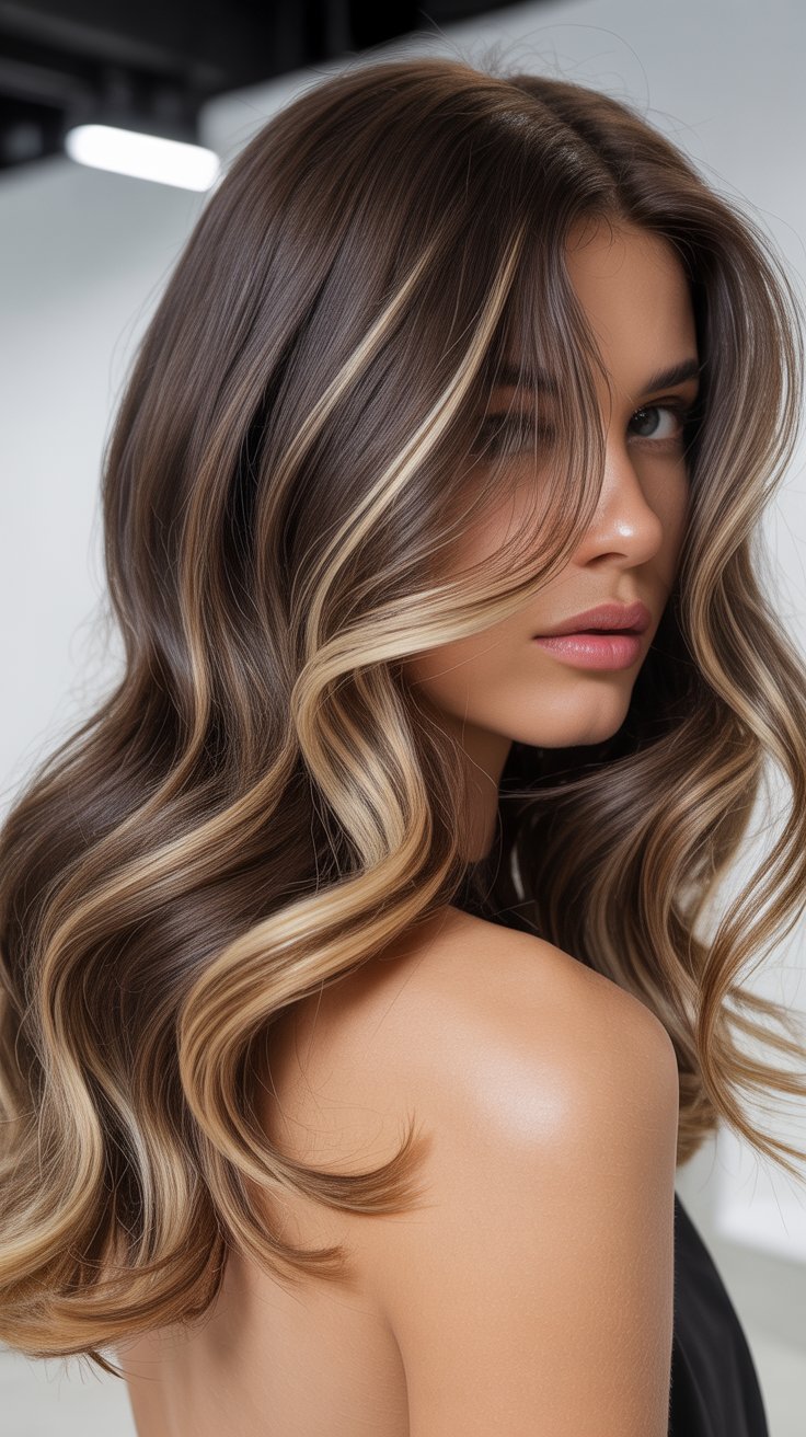 Golden balayage highlights for brunette hair
