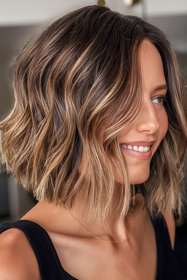 Blonde balayage on short bob haircut