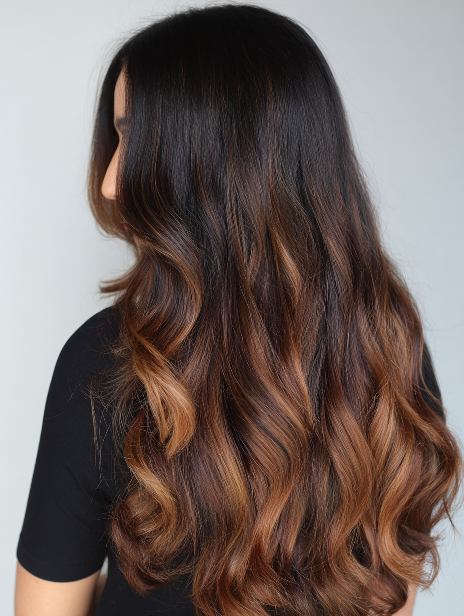 Copper balayage on long wavy hair