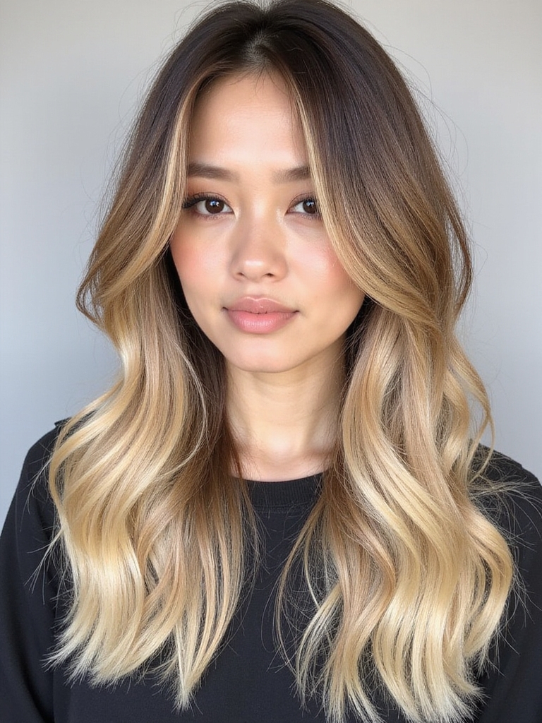 Golden blonde balayage on wavy hair