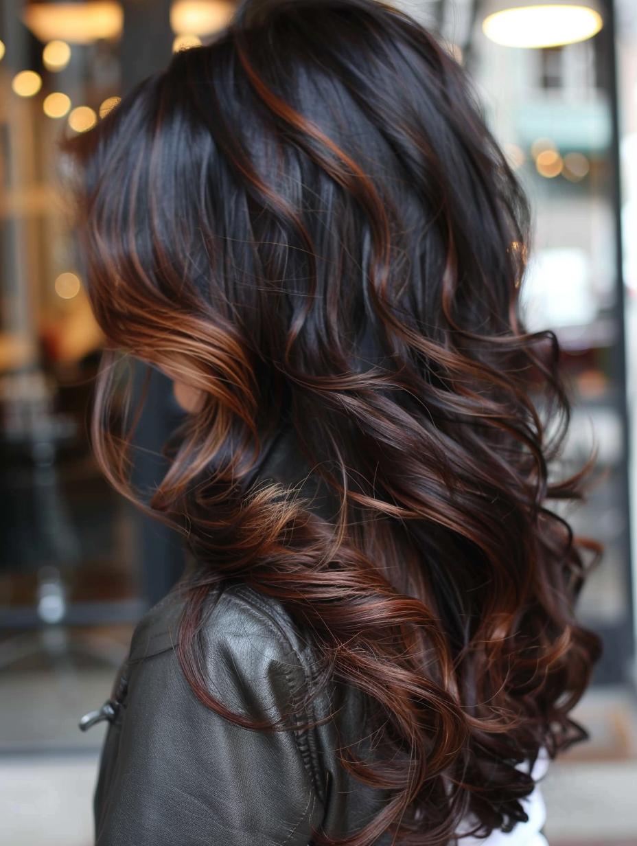 Rich auburn curls with balayage highlights