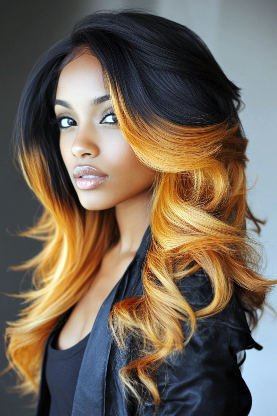 Bold orange ombre on voluminous hair