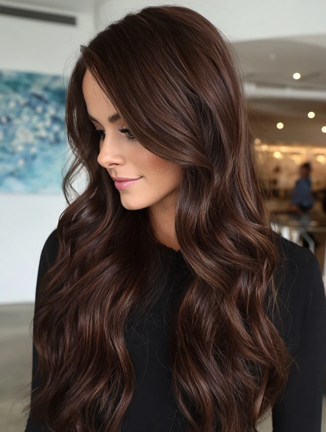 Elegant chestnut curls with rich balayage highlights