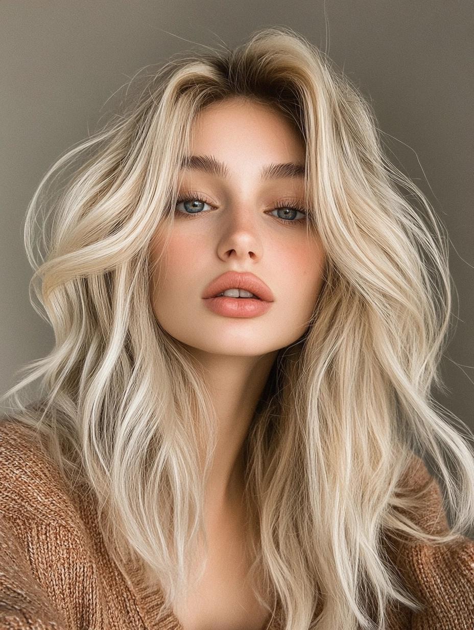 Voluminous blonde waves with airy texture