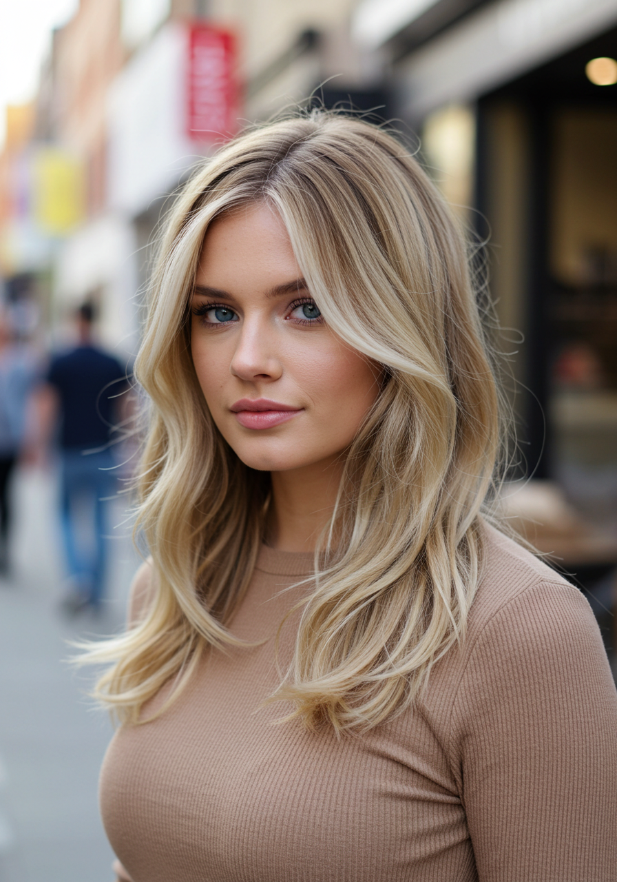 Long layered blonde hair with soft waves