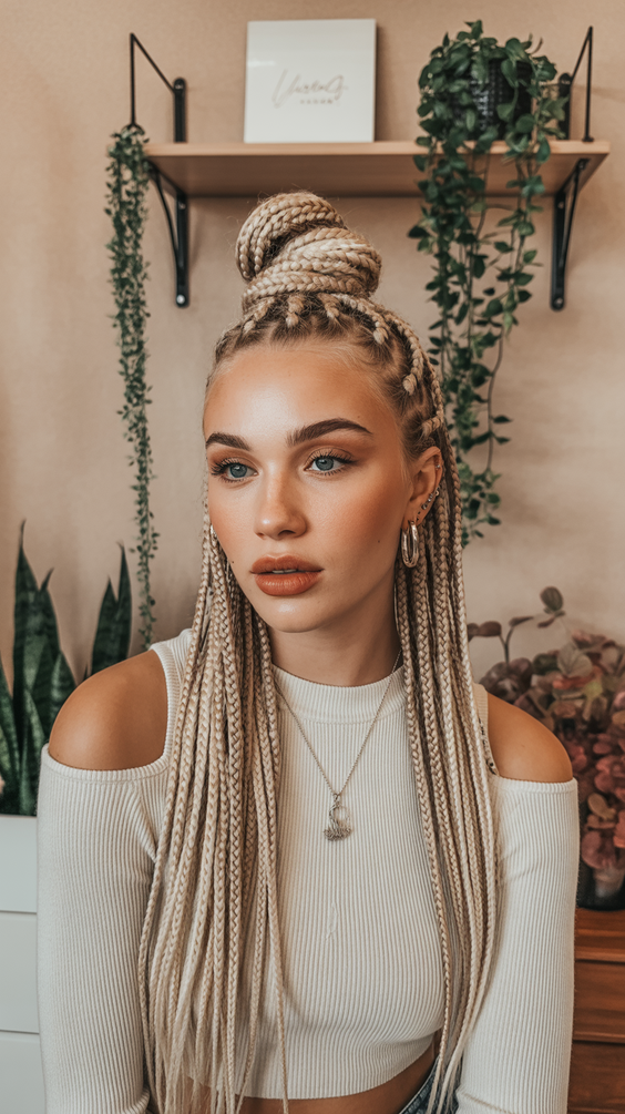 Stylish blonde box braids with top knot