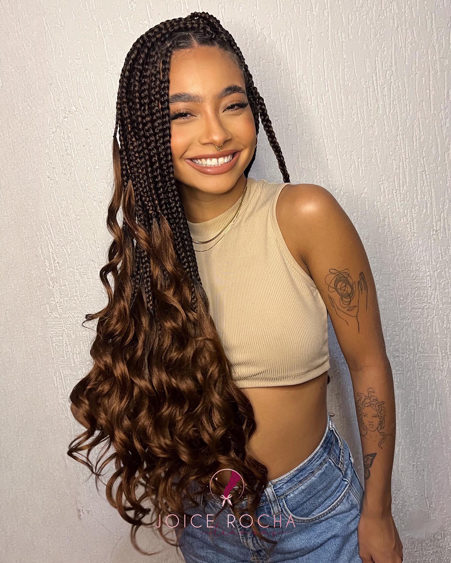 Long box braids with cascading curls