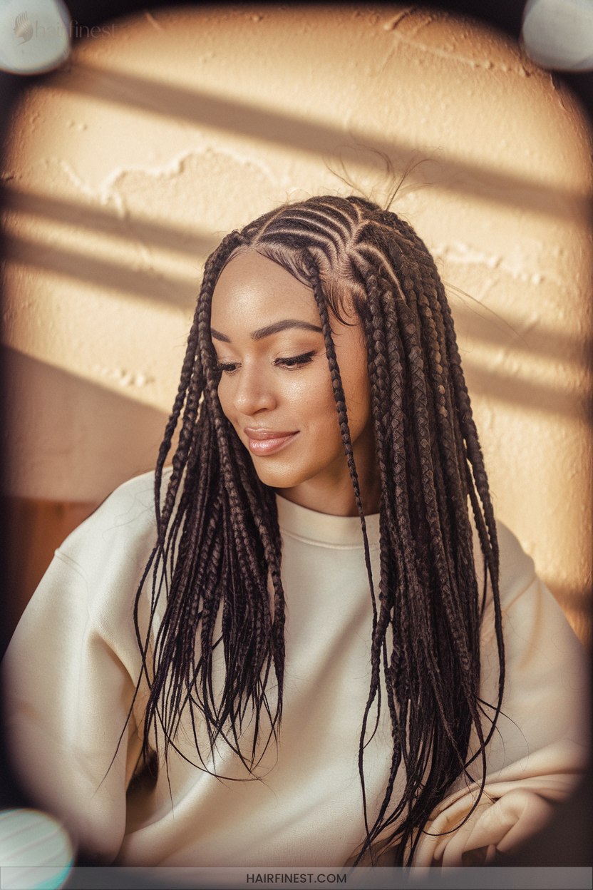 Sleek box braids with clean parting