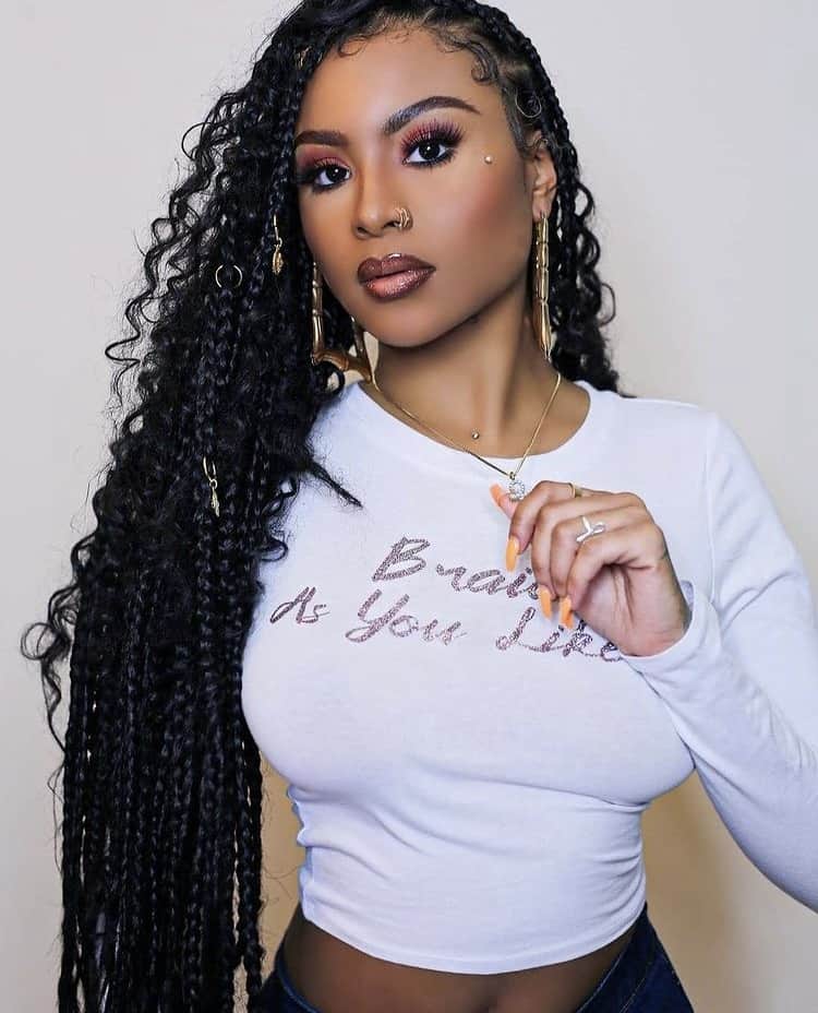 Long box braids with side sweep and volume