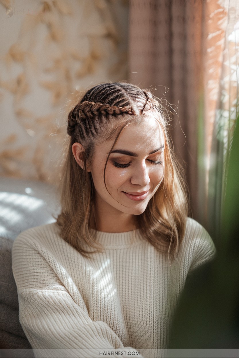 Half-up crown braids, relaxed and elegant