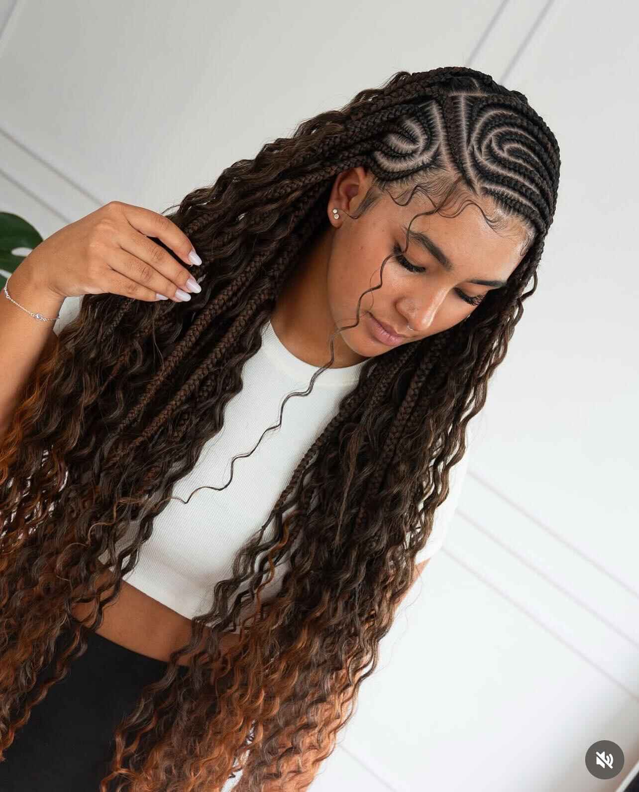 Intricate feed-in braids with loose waves, textured look
