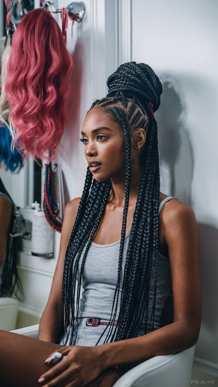 High bun with cornrow feed-ins, sleek and elegant