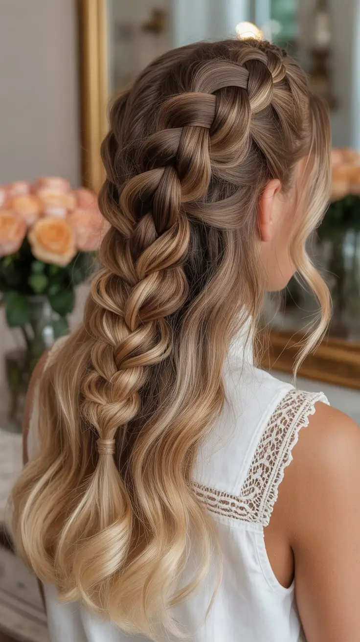 Half-up braided crown with loose waves, romantic look