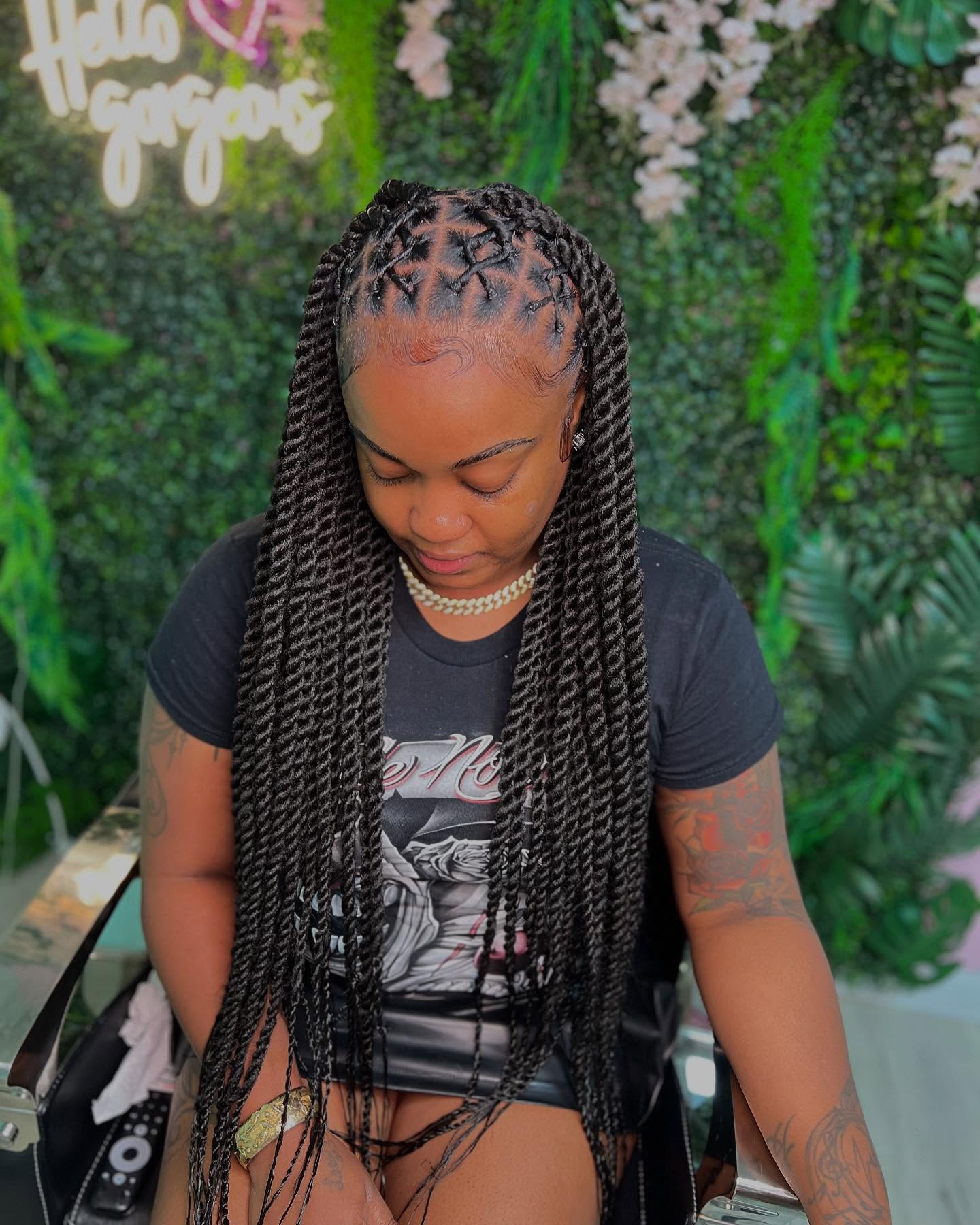 Twist braids with intricate scalp pattern