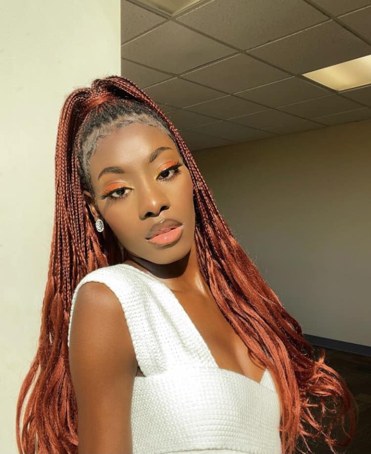 Ponytail braids with red hue, sleek and vibrant