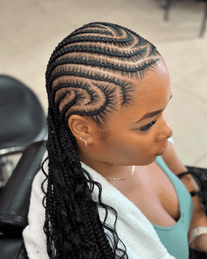 Intricate cornrow swirls, artistic and detailed
