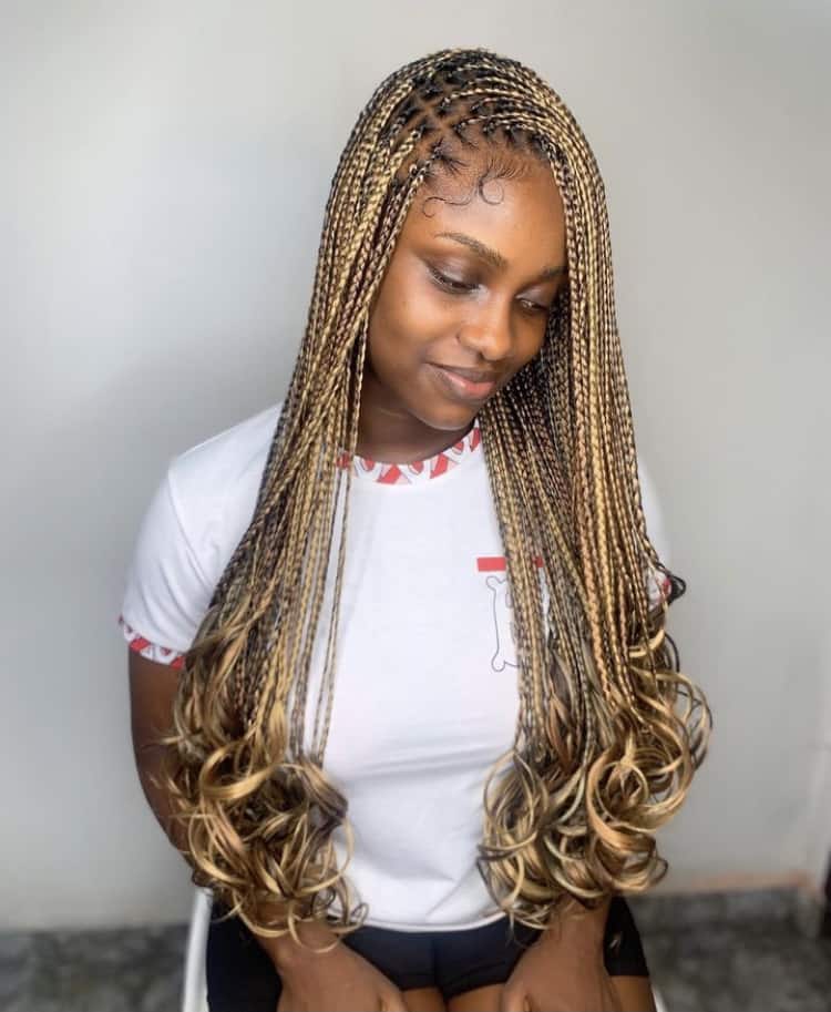 Blonde micro braids with curls, elegant and textured