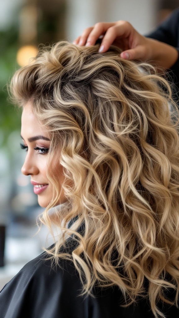 Blonde curls with dark roots for contrast