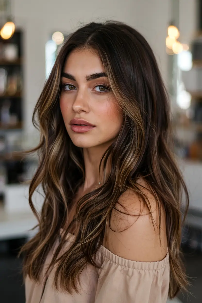 Brunette waves with face-framing highlights for subtle elegance