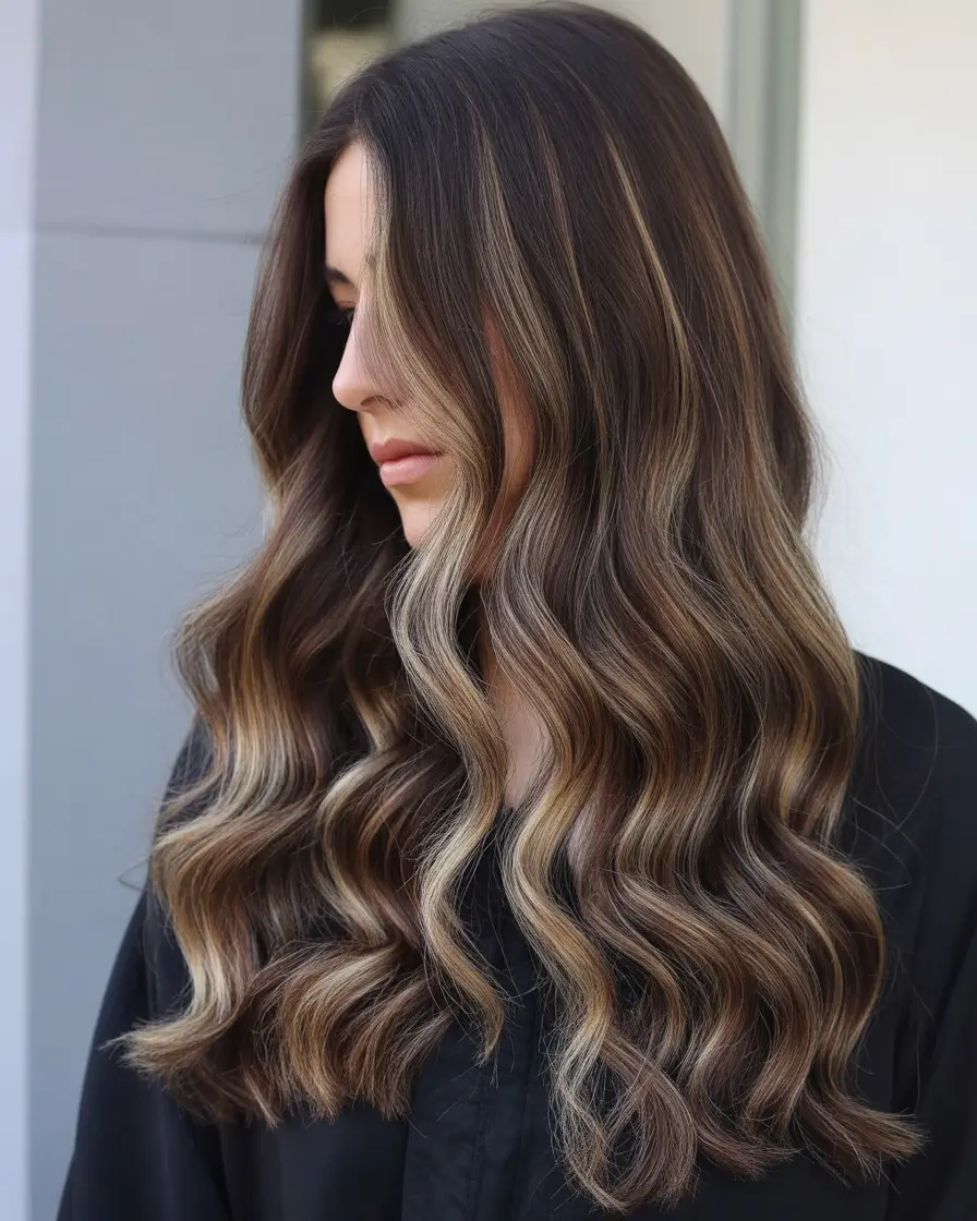 Long brunette waves with blonde accents