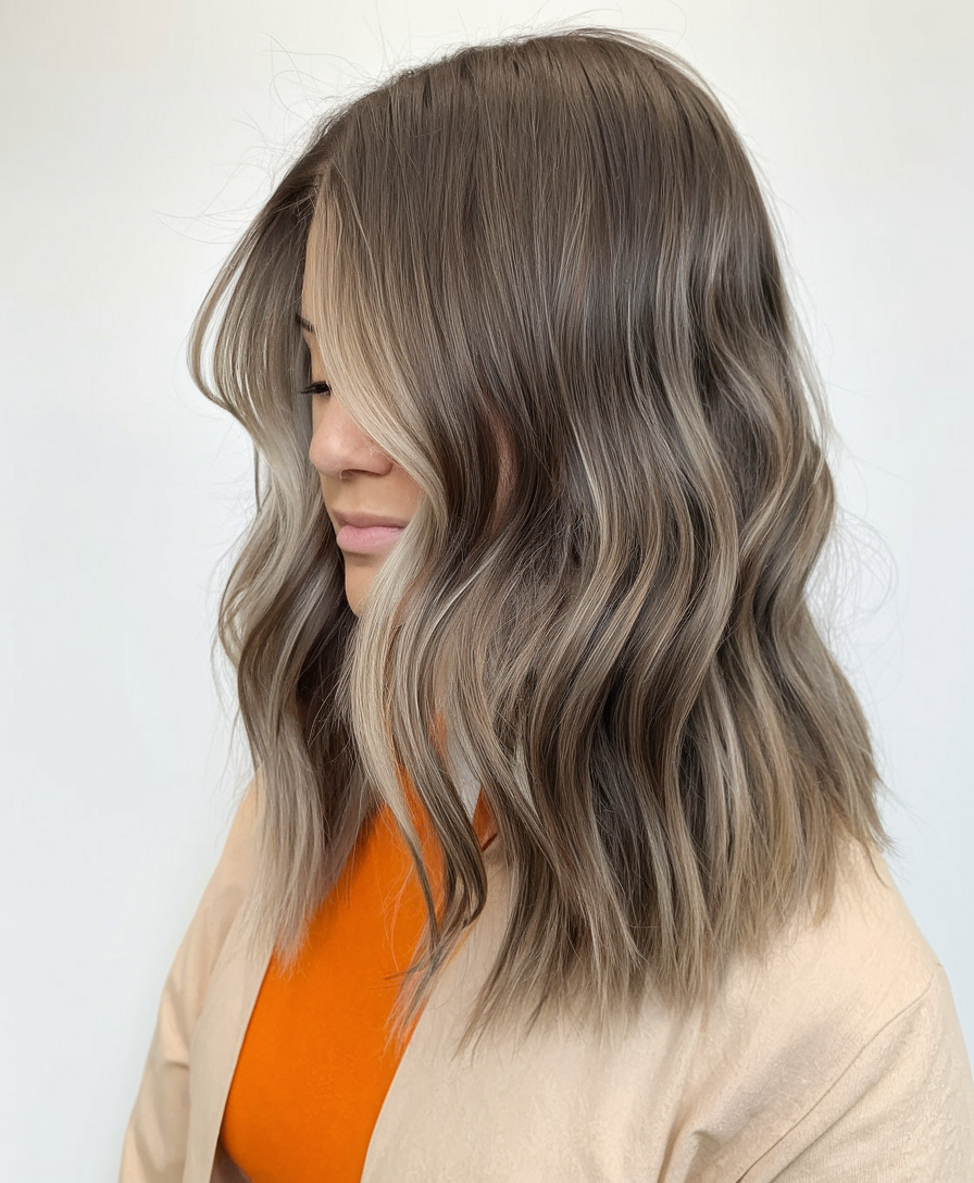 Mid-length waves with ash blonde highlights