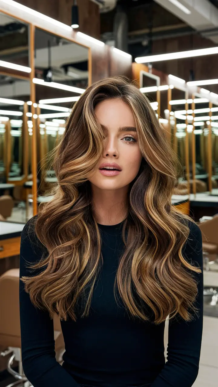 Voluminous blonde waves with dark roots
