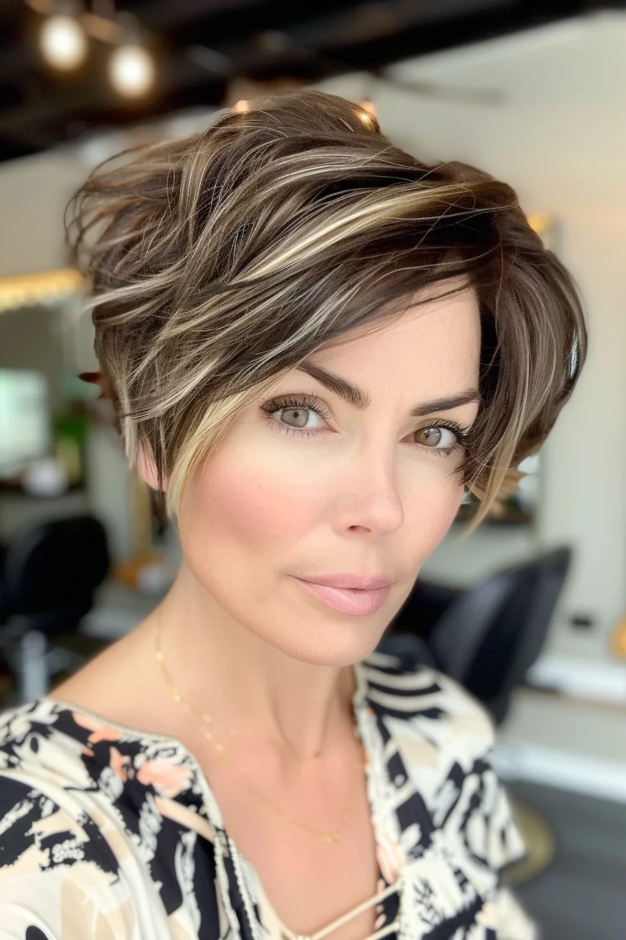 Textured pixie cut with blonde highlights