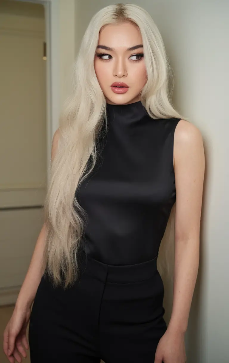 Sleek platinum blonde with dark roots