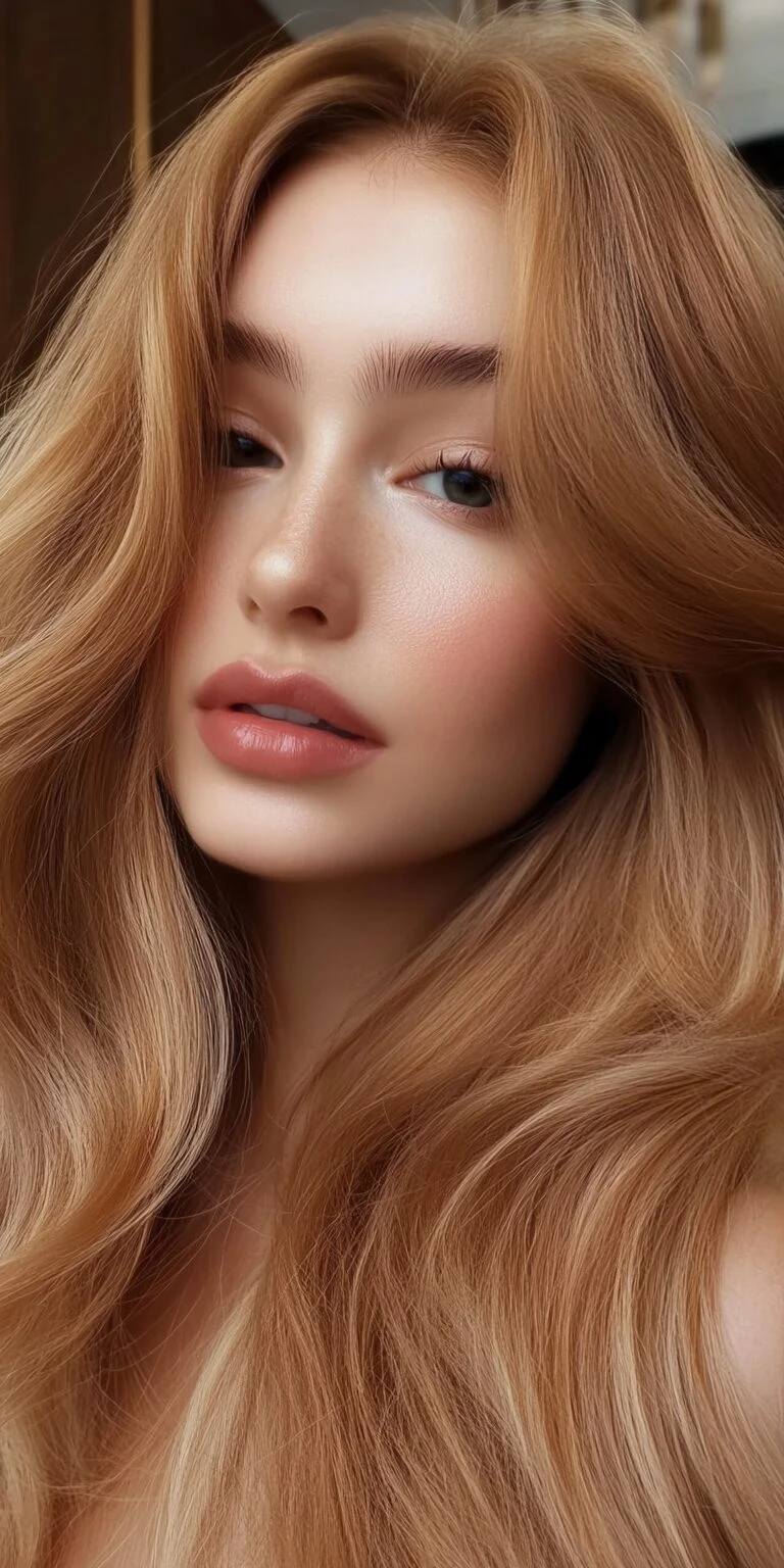 Golden caramel waves on long brown hair