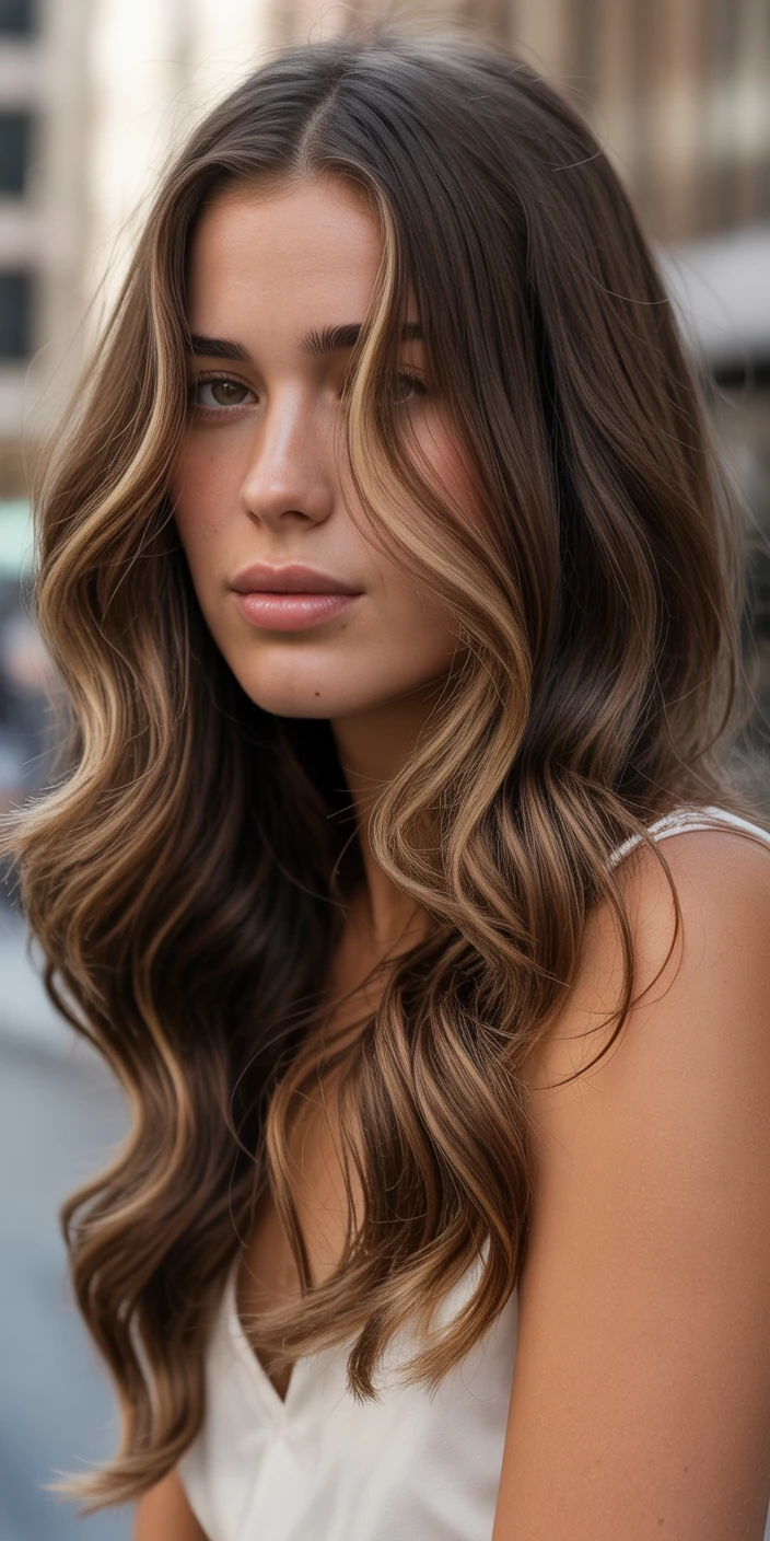 Face-framing highlights on long brown hair