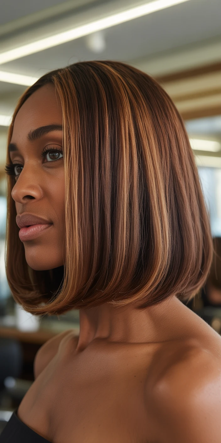 Sleek bob with honey highlights on brown hair