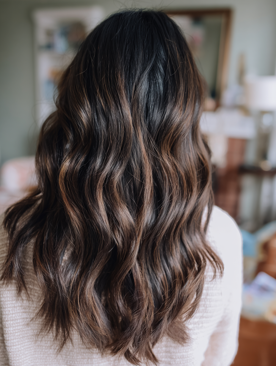 Soft waves with subtle highlights on long brown hair