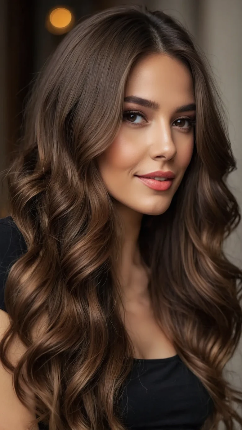 Glossy voluminous curls on long brown hair