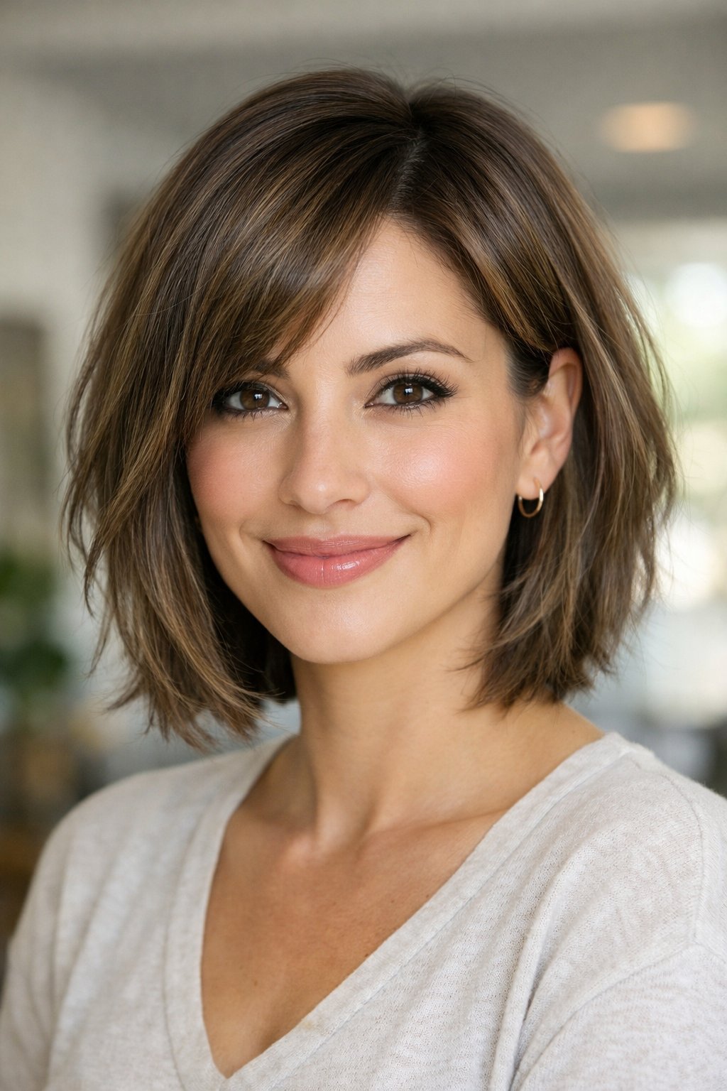 Textured bob with side bangs and highlights