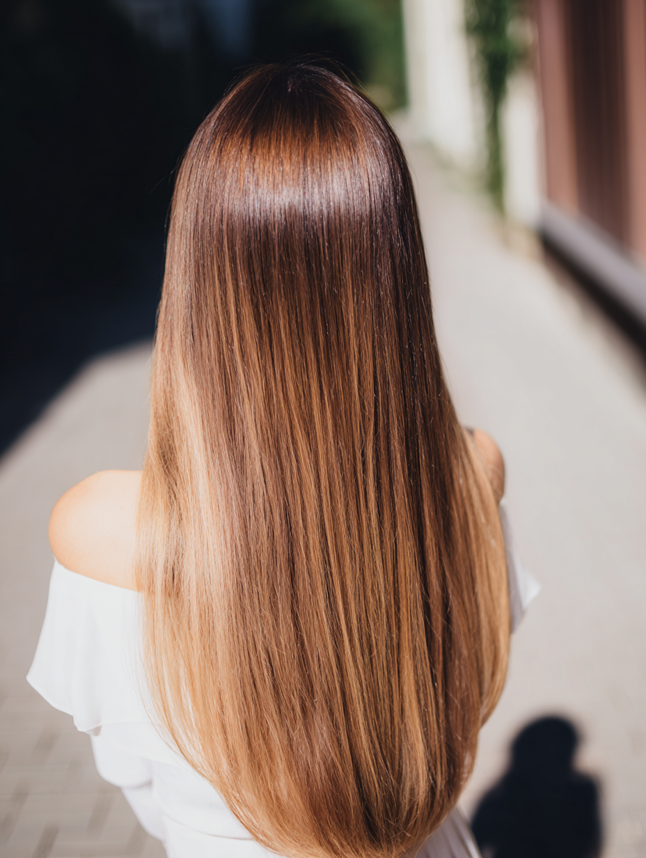 Sleek ombre finish on long brown hair